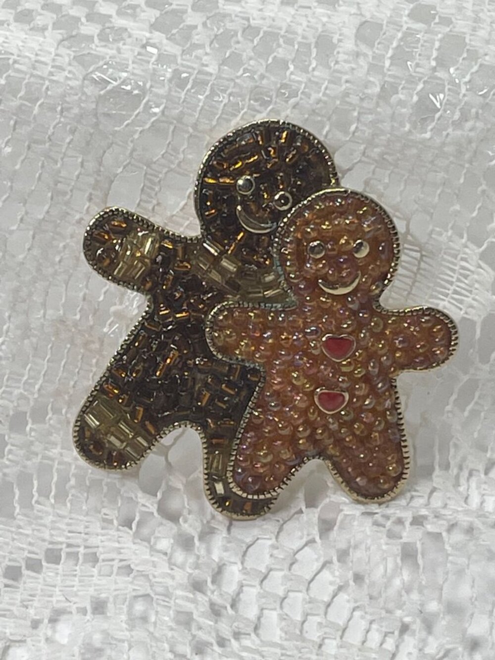 Vintage LIZ CLAIBORNE Beaded Ginger Bread Men Gold Tone Brooch